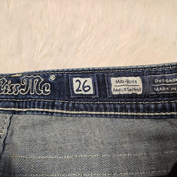 Miss Me Women's Blue Embroidery Distressed Mid Rise Ankle Skinny Jeans Size 26 - Picture 11 of 12
